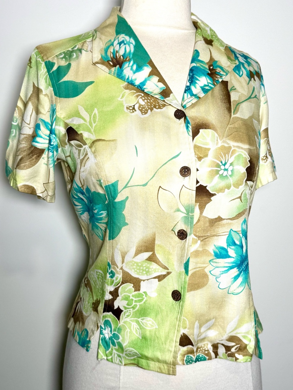 Caribbean Joe S Tropical Floral Silk Blend Camp Shirt Teal Lime Top Soft Silky